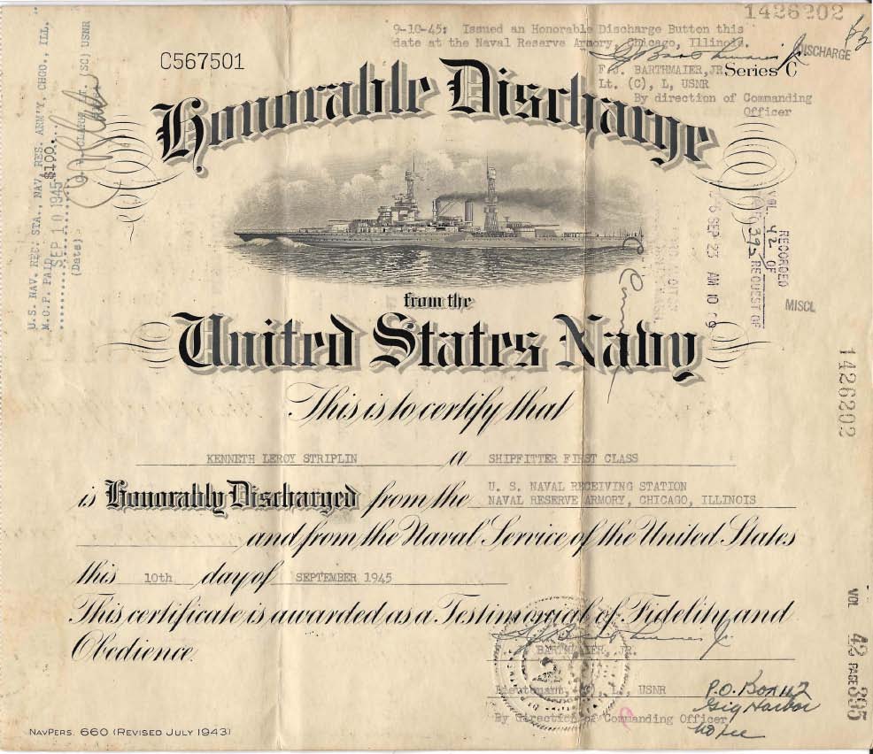 1945 Honorable Discharge Certificate- Kenneth Striplin 1945 Honorable Discharge Certificate- Kenneth Striplin